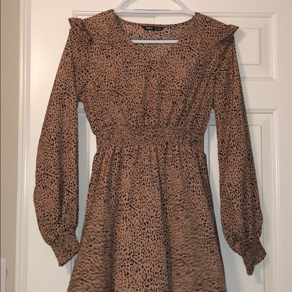 SHEIN NWT Tan With Cheetah Print Long Sleeve Dress